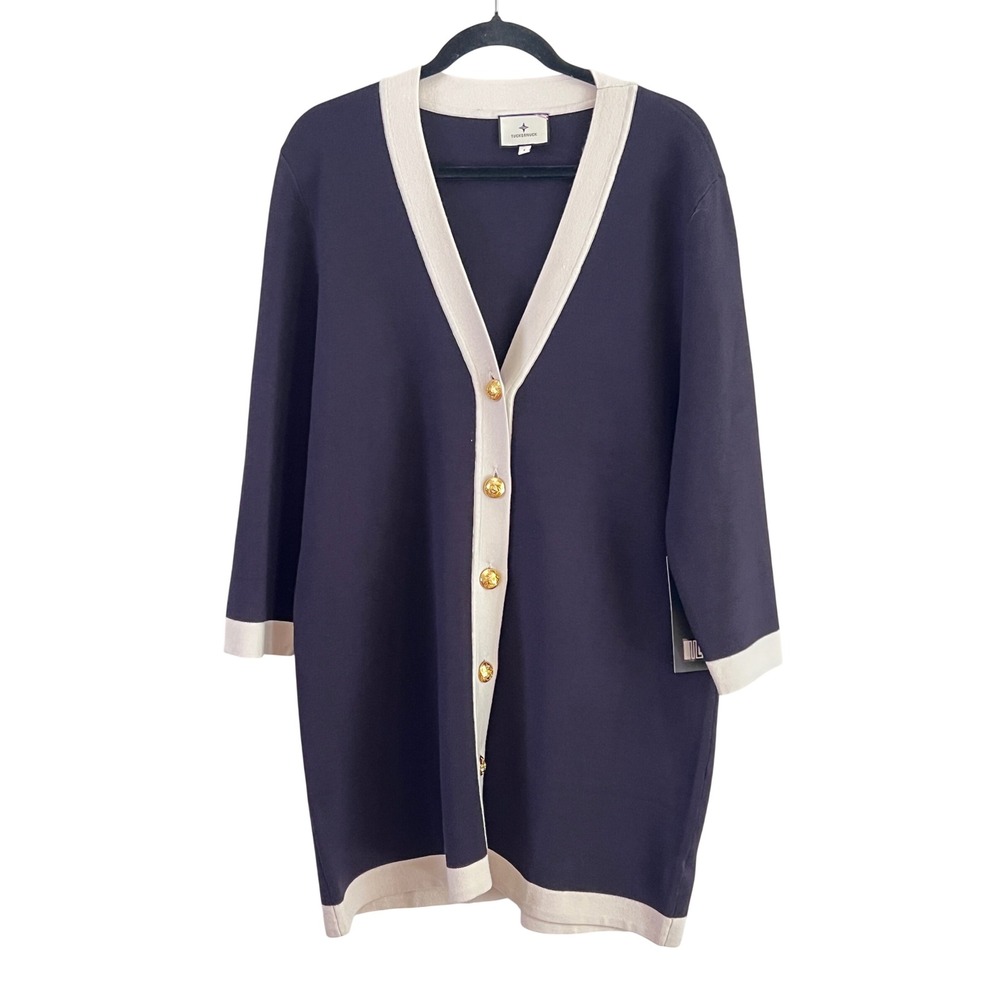 Tuckernuck Liv Cardigan Dress L Womens Navy Cream Gold Button Preppy Old Money